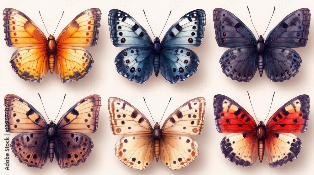Six butterflies in varied colorful patterns, displayed with spread wings Six butterflies in varied colorful patterns, displayed with spread wings