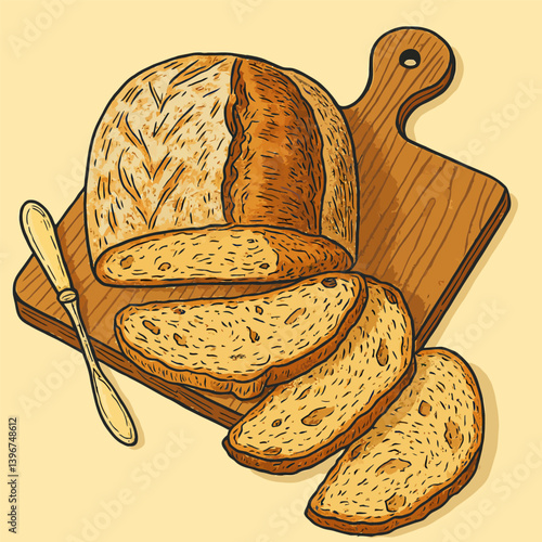 Slicing Fresh Loaf of Bread on Wooden Cutting Board