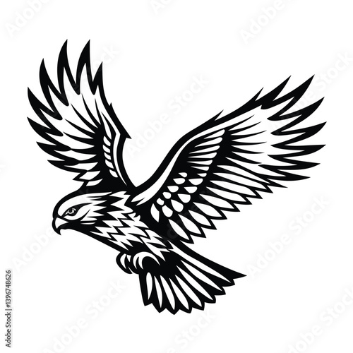 Striking Black & White Silhouette of a Hawk in Flight with Detailed Feather Design