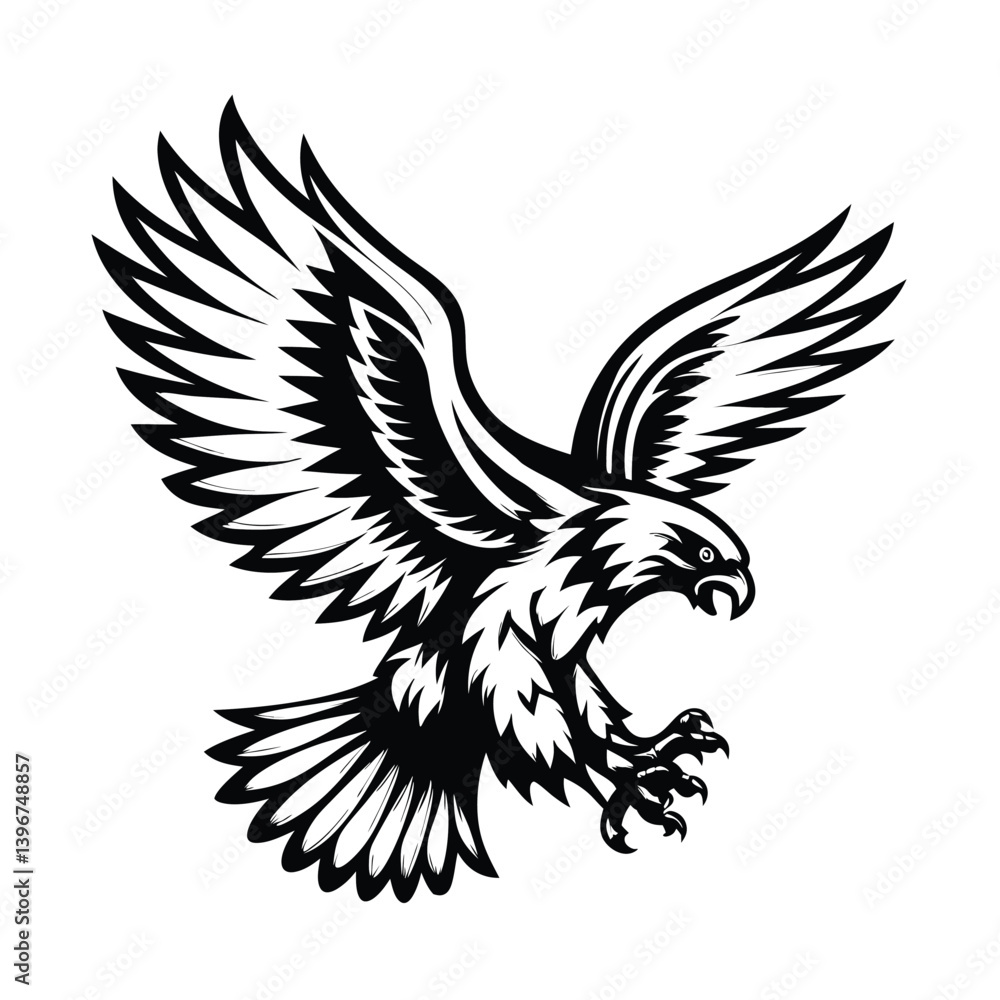 Fototapeta premium Striking Black Falcon with Detailed Wings and Sharp Claws on White