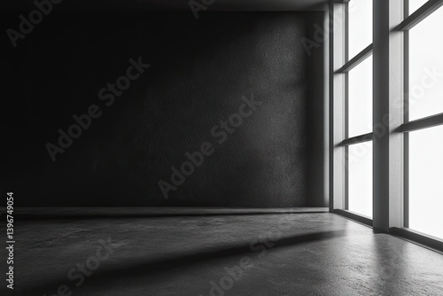 A dark, empty room with a corner window bathed in light.