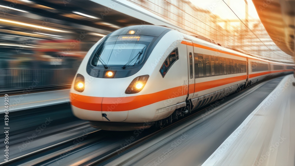 Naklejka premium High Speed Train in Motion Blurring on Tracks with Bright Headlights and Orange and White Color Scheme and Sun Flare