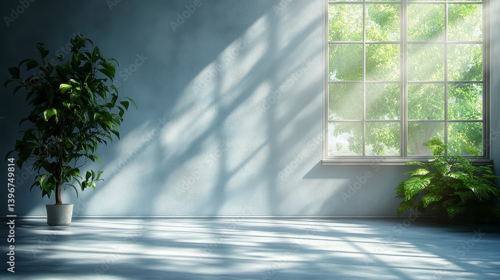 Sunlit room plants by window, shadows dance. Minimalist, calm Sunlit room plants by window, shadows dance. Minimalist, calm