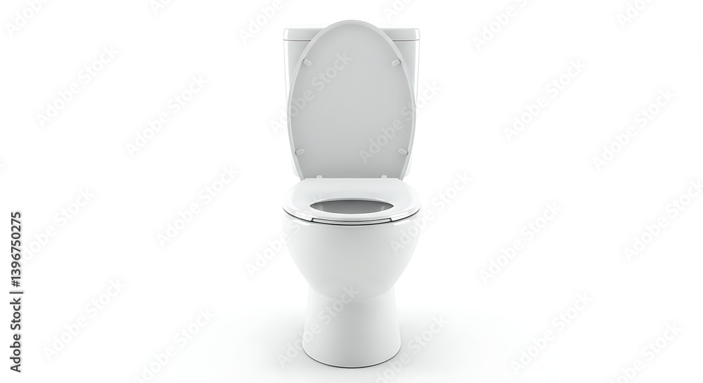 Front View of a Modern Ceramic Toilet with Open Lid on a White Background Front View of a Modern Ceramic Toilet with Open Lid on a White Background