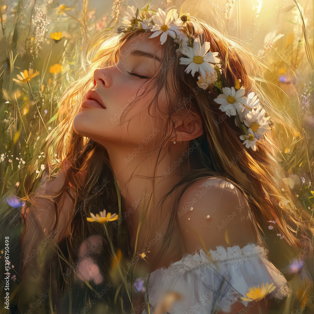 a beautiful girl with long hair and some flowers in her hair is enjoying the sun