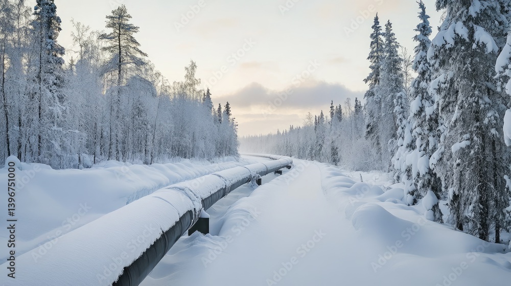 Obraz premium Frozen ground surrounding oil pipeline installation in northern Canada