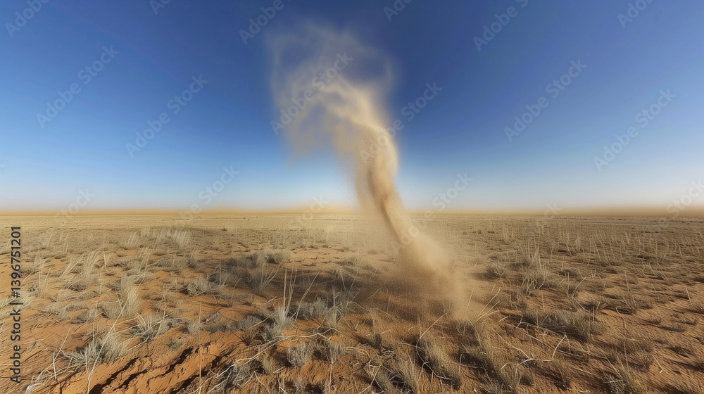 Swirling dust devil in vast desert landscape under clear blue sky, natural phenomenon and weather concept, isolated and dynamic movement.