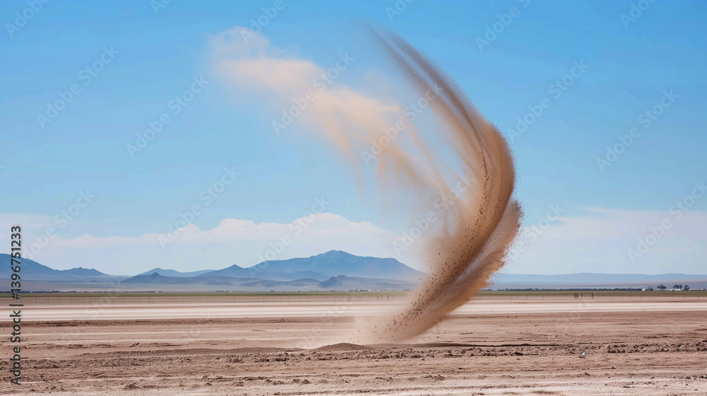 Swirling dust devil in vast desert landscape isolated emphasizing dynamic motion and textured sand patterns. Natural phenomenon of arid environments climate research and geological education concepts