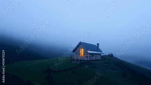 A cozy cabin illuminated at night amidst a foggy landscape.