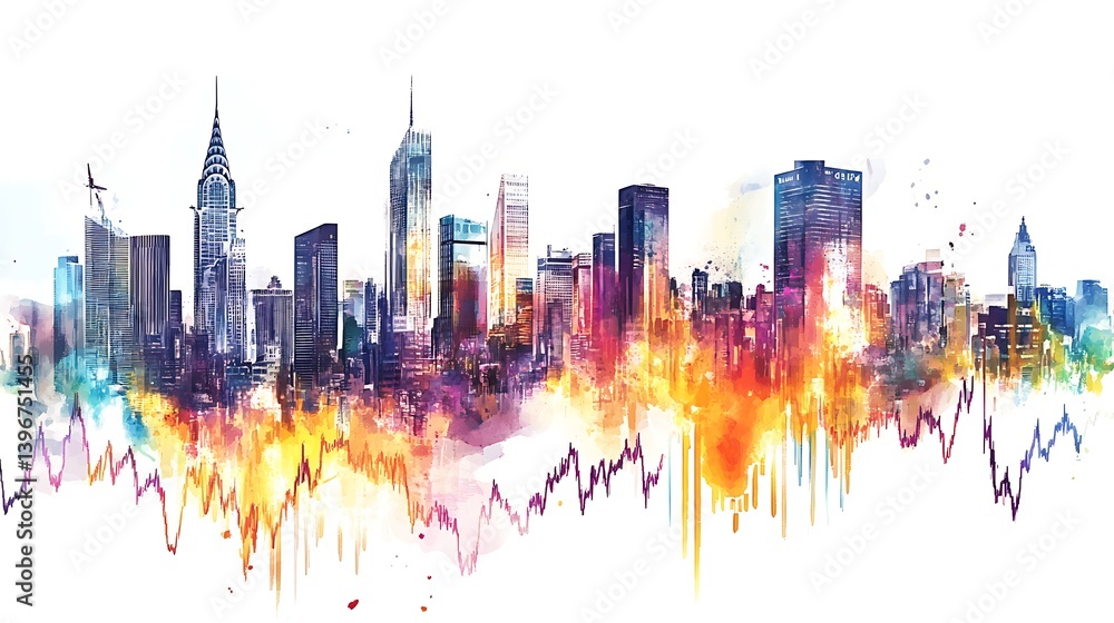 Fototapeta premium Vibrant city skyline with colorful abstract waves representing growth and innovation, showcasing urban life