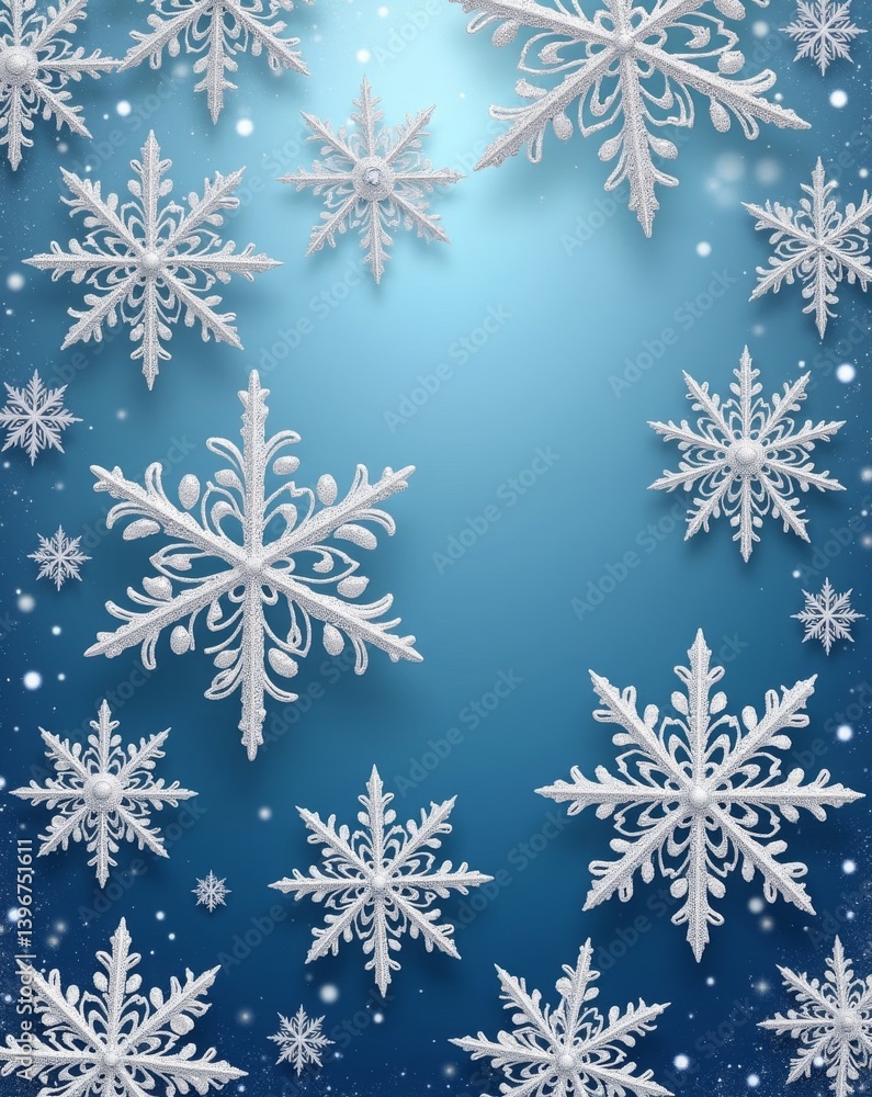 Seamless festive pattern with intricate snowflakes in silver and icy blue, for winter holiday cards or packaging design Seamless festive pattern with intricate snowflakes in silver and icy blue, for winter holiday cards or packaging design