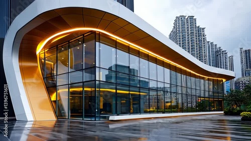 Modern glass building with unique architecture, urban setting, and cloudy sky backdrop