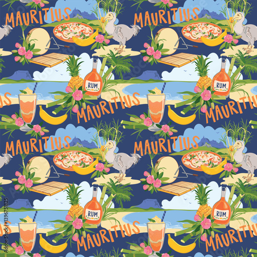 Pattern with Mauritius island landmarks in flat style. Vector sugar cane, Peter mountain, endemic Dodo, Trochetia boutoniana flowers, pineapple, falooda, millionaire salad, Sega musical instruments.