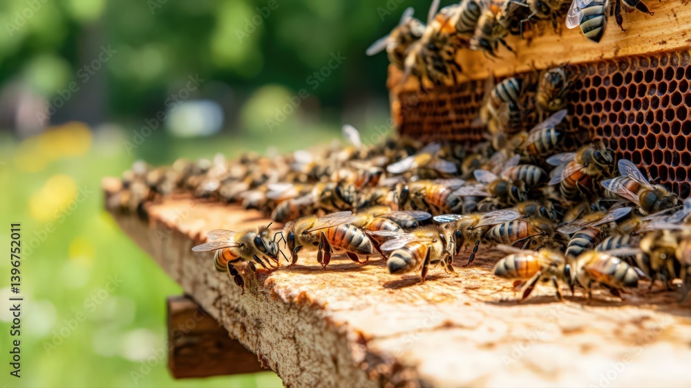 Honeybees Swarming Wooden Hive Outdoors on Sunny Day