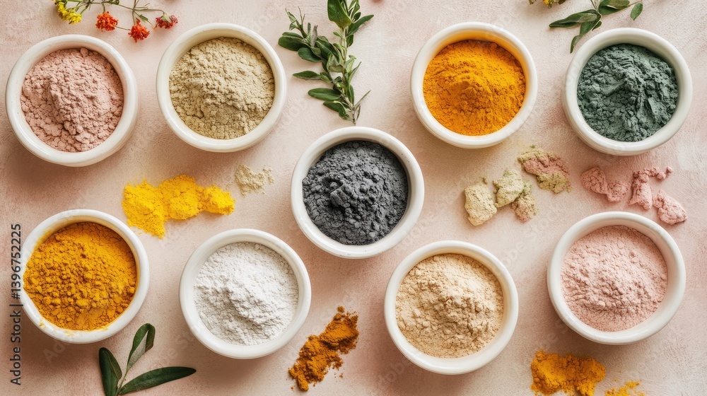 Natural shampoo station with scoops of flour and bentonite clay Natural shampoo station with scoops of flour and bentonite clay