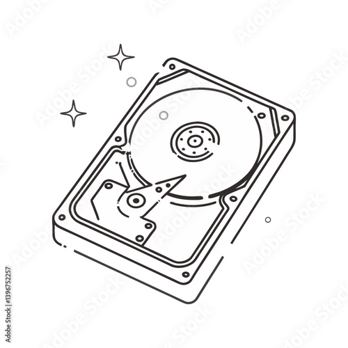 Minimalist hard drive cartoon vector in black and white line art with sparkles, showcasing tech detail in a clean doodle style.