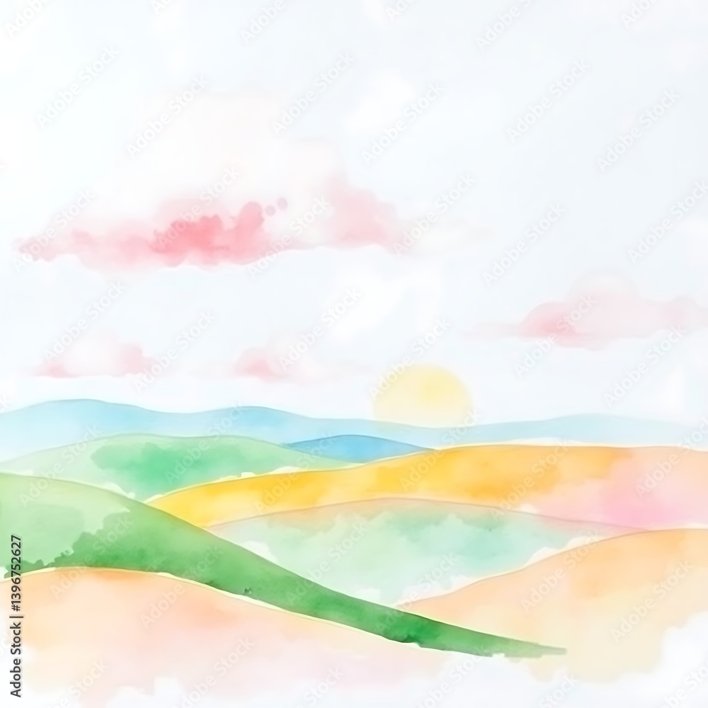 Obraz premium Watercolor Painting of a Landscape with Hills, Clouds, and Sunrise - Gentle Colors and Serene Scene