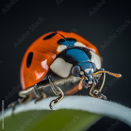 Red ladybug insect with black spots isolated in closeup macro nature