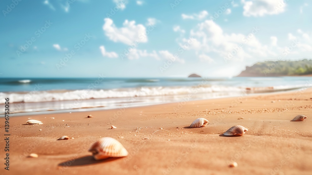 A tranquil beach at low tide, with seashells scattered across the sand and gentle waves lapping at the shore A tranquil beach at low tide, with seashells scattered across the sand and gentle waves lapping at the shore