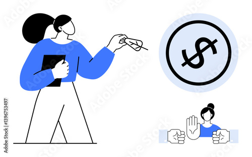 Woman holding clipboard and rejecting bribe money with hand, dollar enclosed in circle, stop indicator. Ideal for ethics, anti-corruption, integrity, honesty, fairness, business law concept in flat