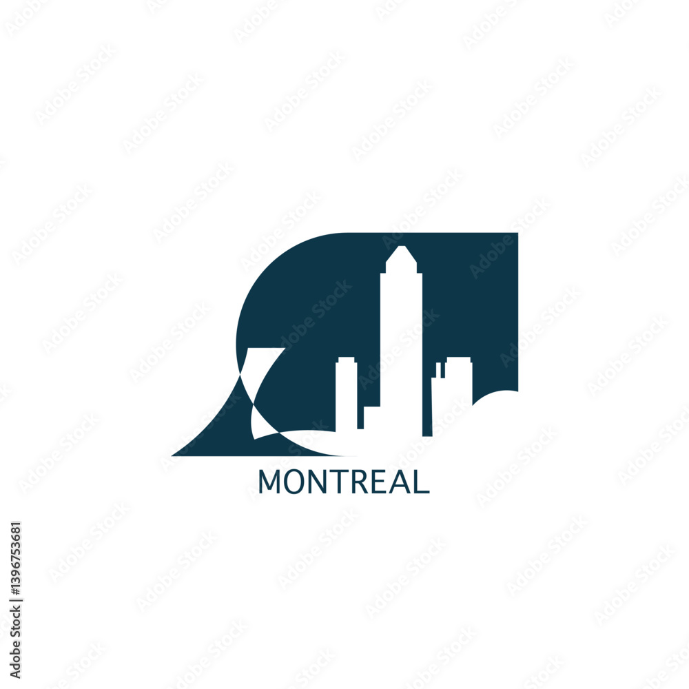 Montreal vector icon with skyline, panoramic view, city shape. Canada, Quebec province landmarks logo concept. Blue flat isolated graphic, badge Montreal vector icon with skyline, panoramic view, city shape. Canada, Quebec province landmarks logo concept. Blue flat isolated graphic, badge