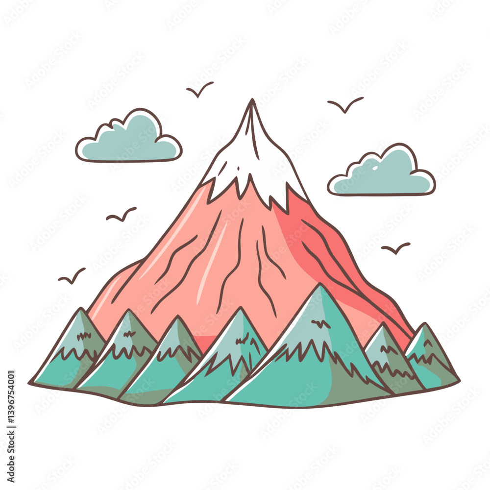 Cartoon mountain range with snow and clouds