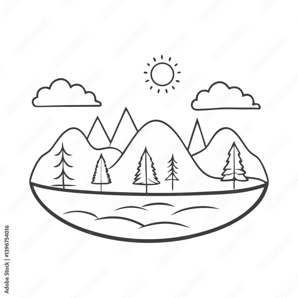 Outline mountain landscape with trees and sun