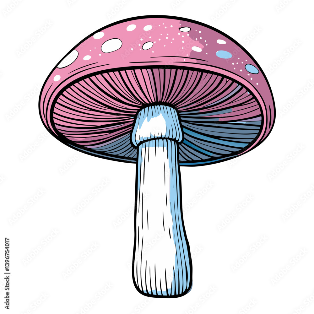 Cartoon mushroom with pink cap and blue stem
