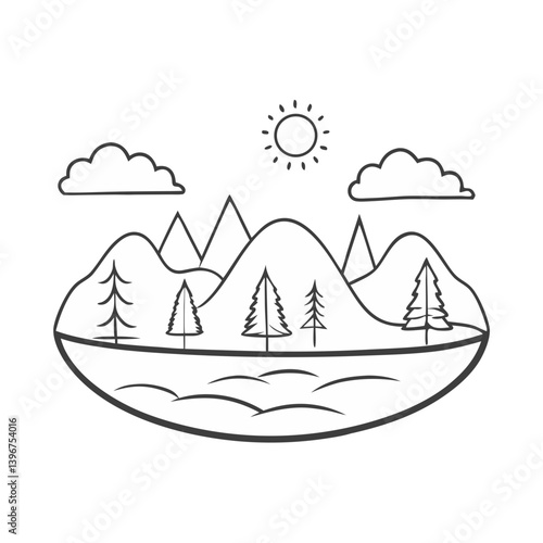 Obraz na płótnie Outline mountain landscape with trees and sun w salonie