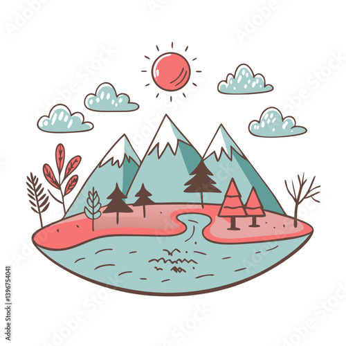 Cartoon mountain landscape with lake and sun