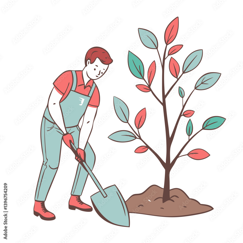Man planting tree in pastel cartoon illustration