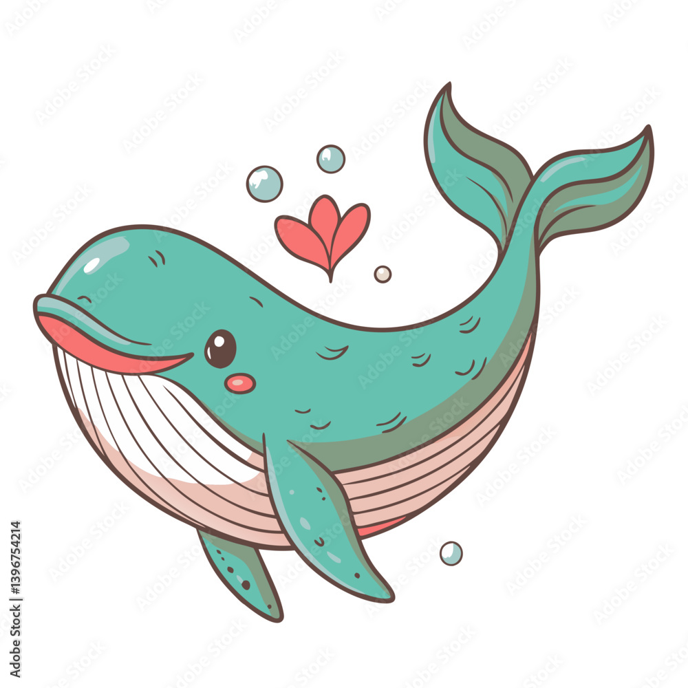 Cartoon whale swimming with heart in pastel tones