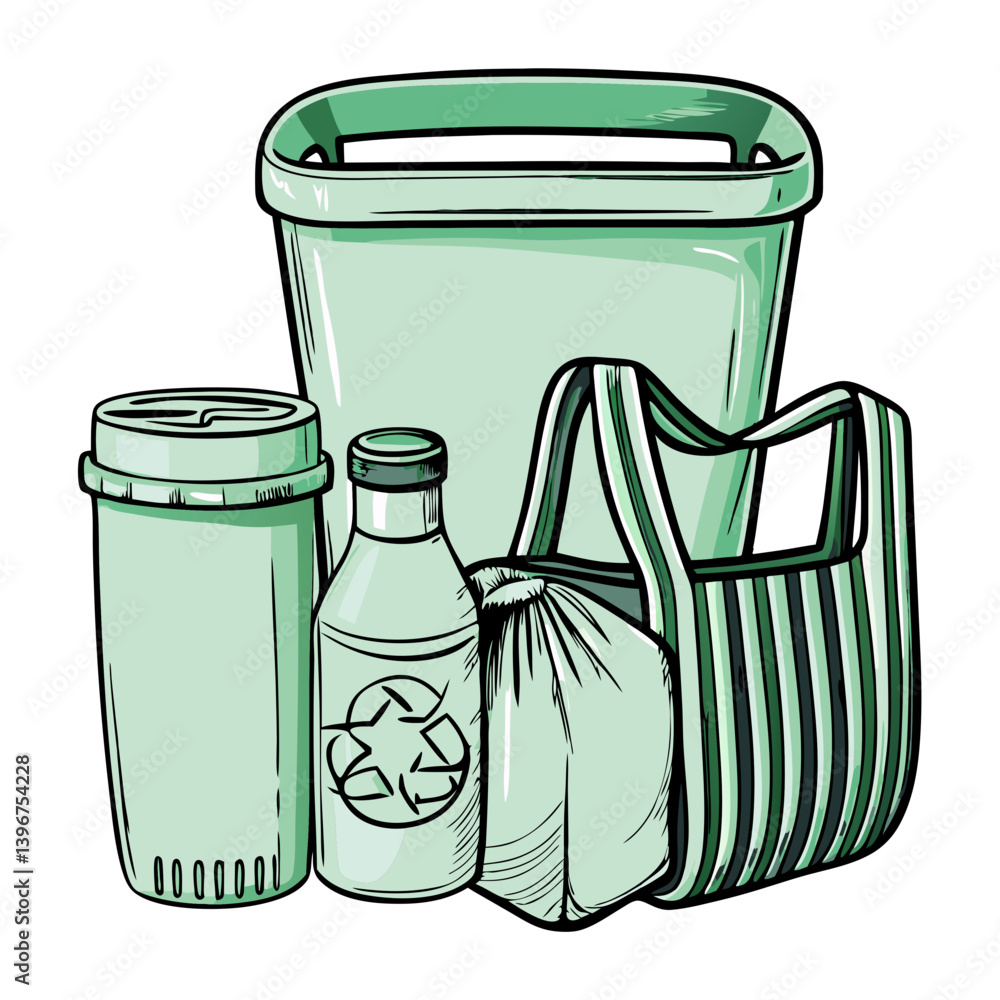 Zero waste items illustration in green eco style