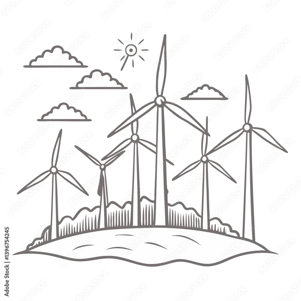 Wind turbines on hill outline illustration in black and white