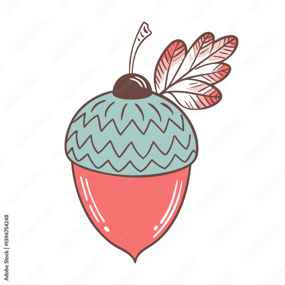 Stylized acorn with feathers in pastel illustration