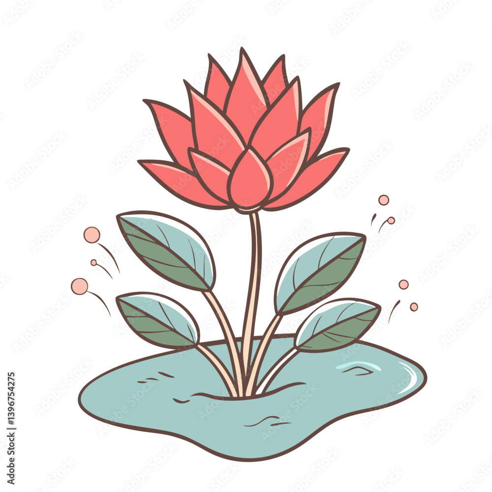 Red lotus flower in pond illustration in pastel colors