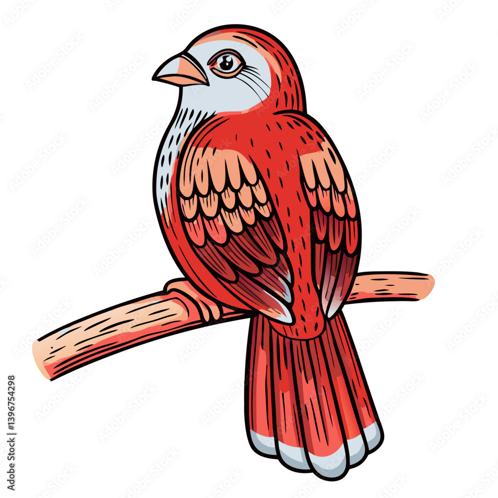 Colorful songbird perched on branch illustration
