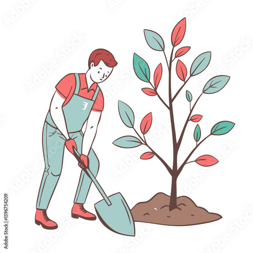 Obraz na płótnie Man planting tree in pastel cartoon illustration w salonie