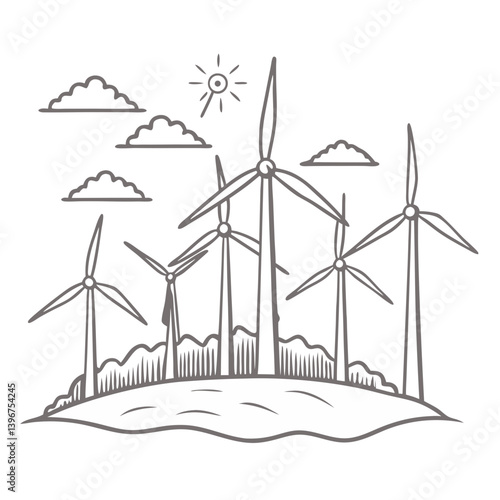 Obraz na płótnie Wind turbines on hill outline illustration in black and white w salonie