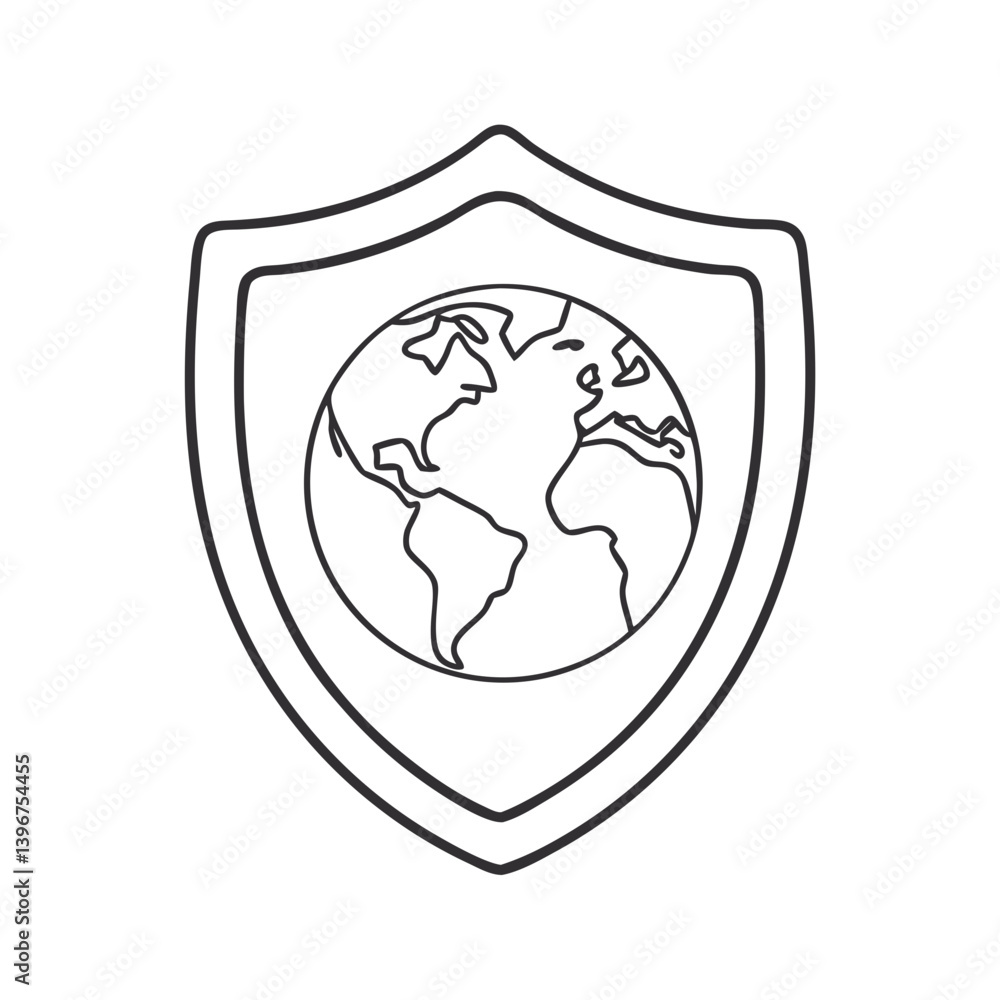 Earth inside shield outline icon in black and white
