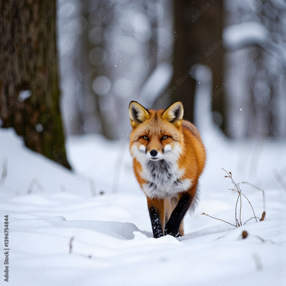 Majestic Red Fox Walking Through a Snowy Winter Forest Scene Majestic Red Fox Walking Through a Snowy Winter Forest Scene