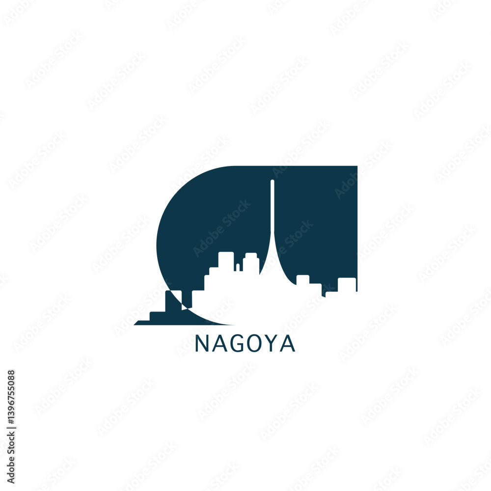 Nagoya vector icon with skyline, panoramic view, city shape. Japan landmarks logo concept. Blue flat isolated graphic, badge Nagoya vector icon with skyline, panoramic view, city shape. Japan landmarks logo concept. Blue flat isolated graphic, badge