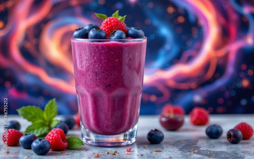 A refreshing berry smoothie garnished with blueberries and raspberries, set against a vibrant cosmic background A refreshing berry smoothie garnished with blueberries and raspberries, set against a vibrant cosmic background