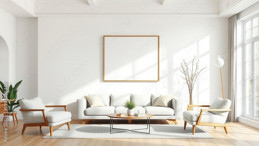 Fototapeta premium Bright and airy living room with minimalist natural wall art mockup, simplistic, gallery wall, home decor
