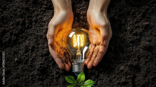 Renewable energy light bulb with green energy, Earth Day, and environmental protection concept, hands protecting forests with solar panels