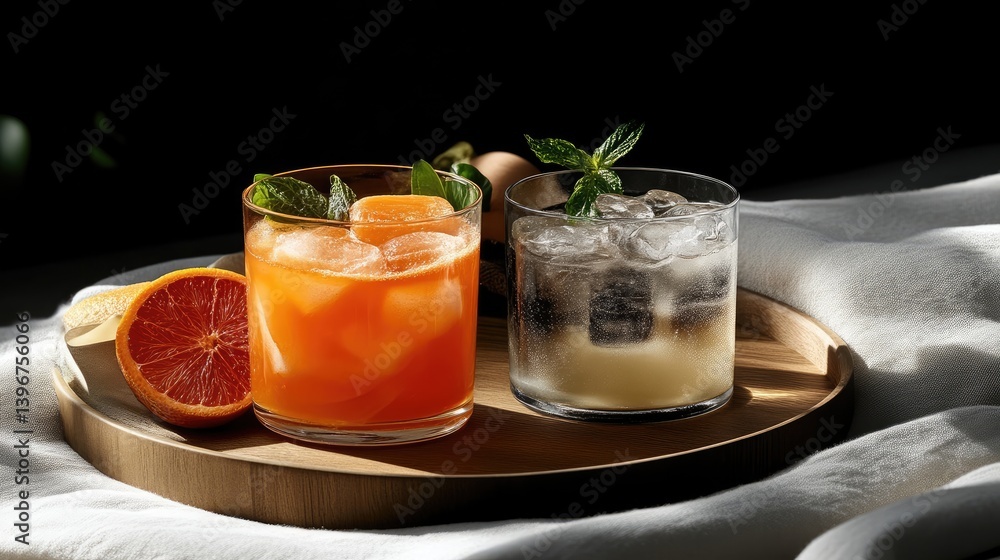 Fototapeta premium Two refreshing drinks, vibrant orange and light, served on a wooden tray