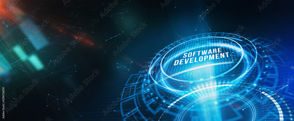 Inscription Software Development on the virtual display. Business, modern technology, internet and networking concept. 3d illustration