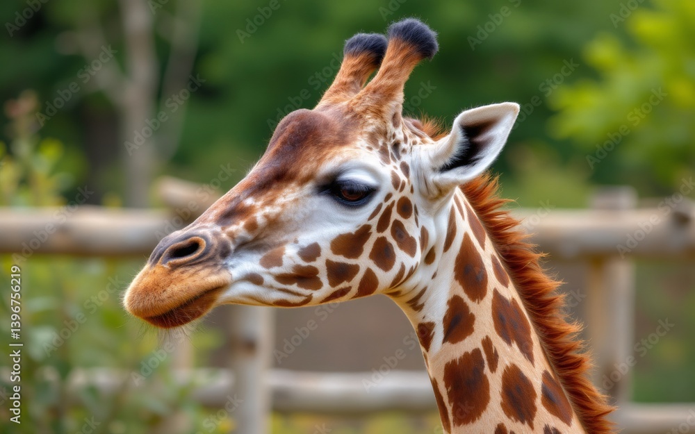 Obraz premium A close-up of a giraffe showcasing its distinctive patterns and features amidst a blurred natural background