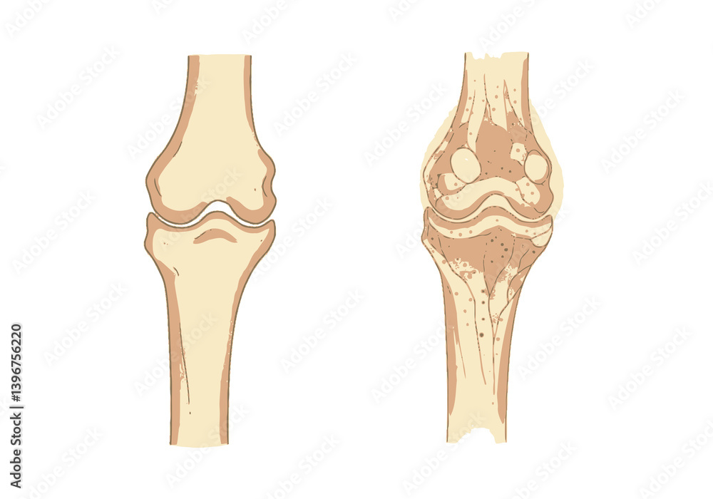 Osteoporosis Examples Illustration. This image shows a comparison between healthy and osteoporotic bones, highlighting differences in density and structure. Biological art design. Osteoporosis Examples Illustration. This image shows a comparison between healthy and osteoporotic bones, highlighting differences in density and structure. Biological art design.