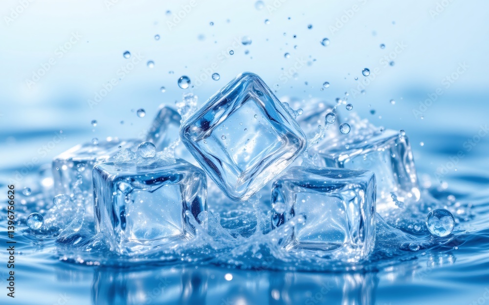 A cluster of clear ice cubes splashing into reflective water, creating vibrant droplets and ripples A cluster of clear ice cubes splashing into reflective water, creating vibrant droplets and ripples
